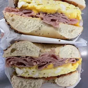 Bacon, egg and ham on a bagel so bomb