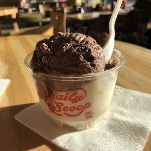 a cup of chocolate ice cream