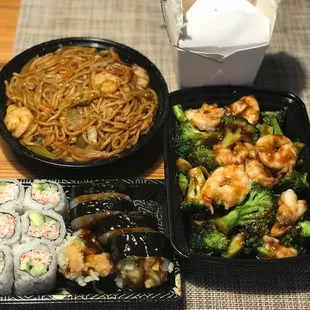 Shrimp tempura roll, California roll, shrimp lo neon, shrimp with broccoli