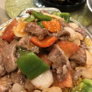 Beef with Tomato Over Pan Fried Noodle