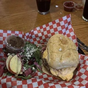 Pimiento cheese burger and spinach salad -- so good!