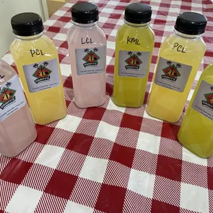 Homemade lemonades lavender coconut, pineapple coconut and kiwi mango.