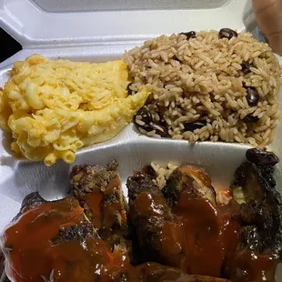 Jerk Chicken with Rice &amp; Peas and Mac &amp; Cheese!