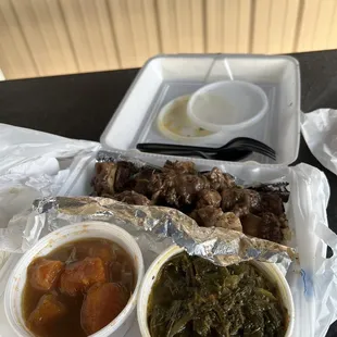 My oxtails &amp; rice, Jumbo Candied Yams and collards