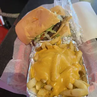 Hamburger po-boy and cheese fries!