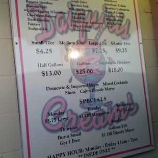 the menu for daiquiris