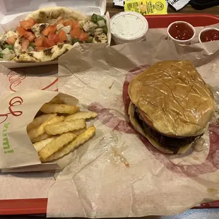 Fries, Chicken Souvlaki, and Epic Burger