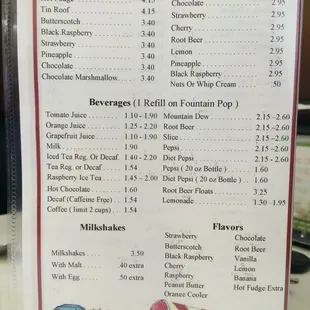 a menu for a dairy bar
