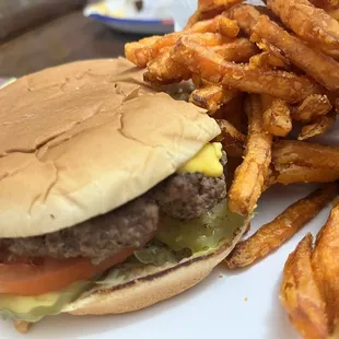 My cheeseburger and sweet potato fries