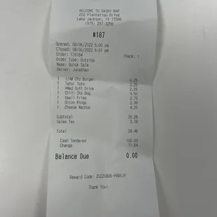 a receipt for a restaurant