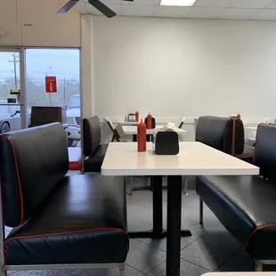 a table and chairs in a restaurant