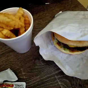 Double meat burger and fries.