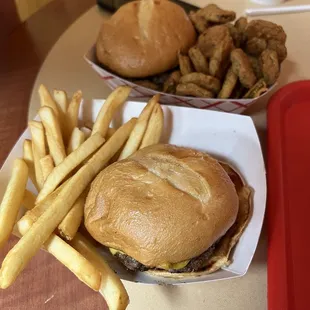 Cheeseburger, Double Cheeseburger, French Fries and Fried Pickles
