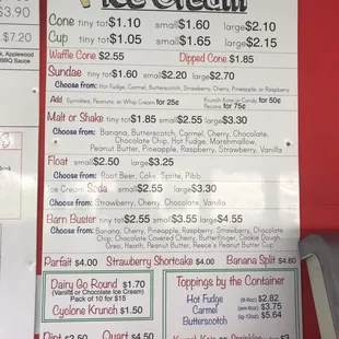 Ice cream menu
