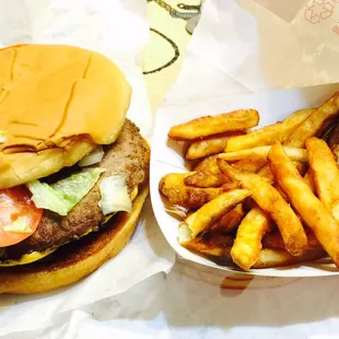 Triple meat w cheese burger and spicy fries