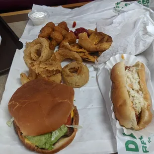 Mushrooms, onion rings, smashburger, hot dog.  Delicious