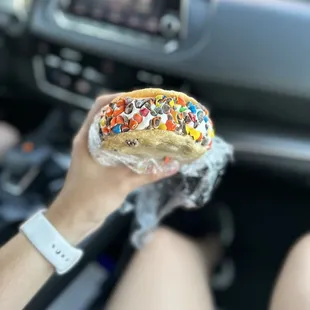 Ice cream cookie sandwich rolled in M&amp;Ms