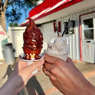Kiddie chocolate-dipped soft serve + cookie dough caramel storm