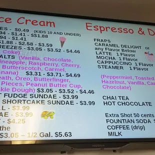 a menu for ice cream, espresso and drinks