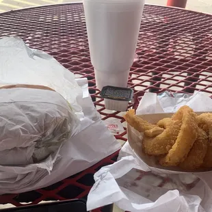 Burger and onion rings