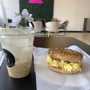 Egg and cheese on an everything bagel w/crushed pepper