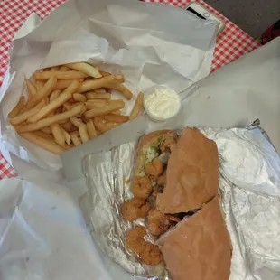 Shrimp Po-boy and Fries.