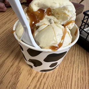 a scoop of ice cream and caramel