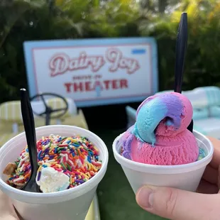 Birthday cake with sprinkles and waffle cone toppings  &amp; Superman and Unicorn