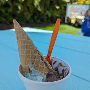 Small cup, birthday cake and fudge brownie with waffle cone ($5ish)