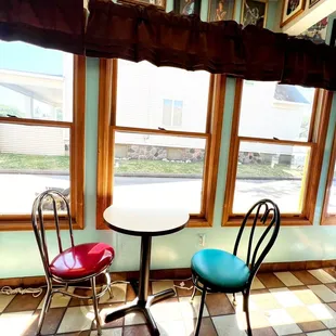 a table and two chairs in a room