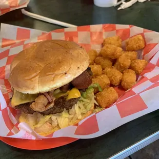 Bacon cheeseburger and tater tots