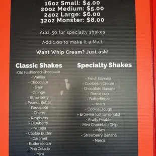 a menu for shakes and malts