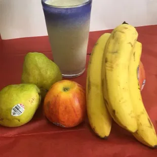 bananas, pears, and a glass of milk