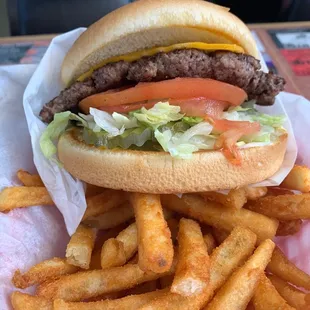Burger and fries! Let's eat!