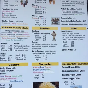 Ice cream menu