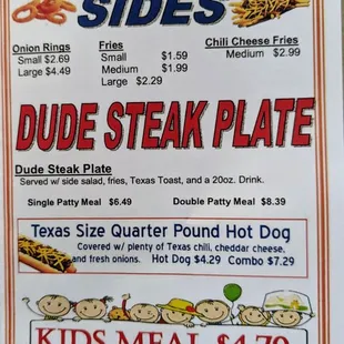 Lite Eaters menu, Sides, Dude Steak Plate and Kids' Meals
