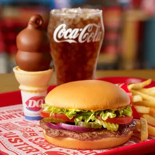  burger and fries with a soft drink