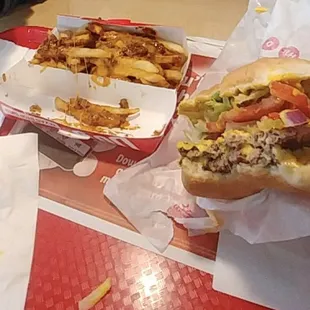 Burger, chili cheese fries, soda.