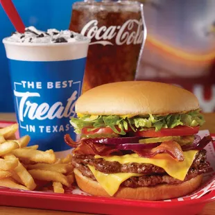 a large cheeseburger and fries