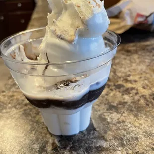 My said the hot fudge was mostly at the bottom but very good.