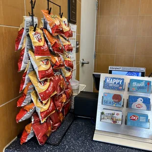 a stack of chips on a counter