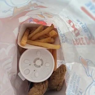 Chicken strip kid's meal. We substituted shakes for the treat that comes with the meal. It was fresh and hit the spot