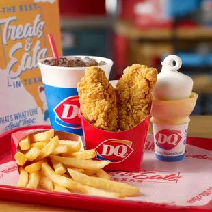 a tray of fried chicken and fries