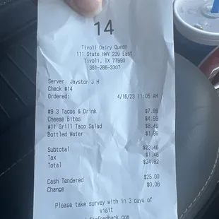 a receipt for a drink