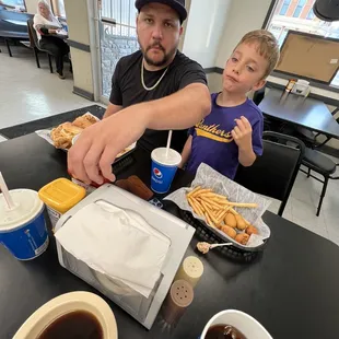 Kids mini corn dogs, tenderloin sandwich, regular fries