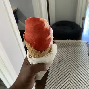 a person holding a cone of ice cream