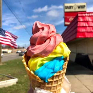 Superman Stacked soft serve waffle cone