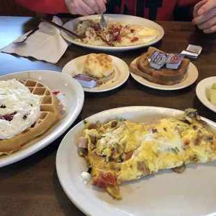 Omelette, Belgian waffle, and country fried steak