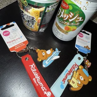What I ended up buying - keychains, ramen, and umeshu soda