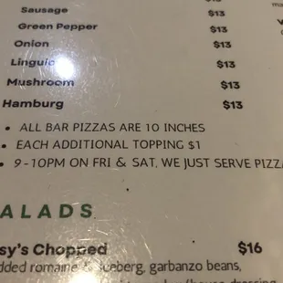 Menu caveat : only pizza after 9 on Friday and Saturday